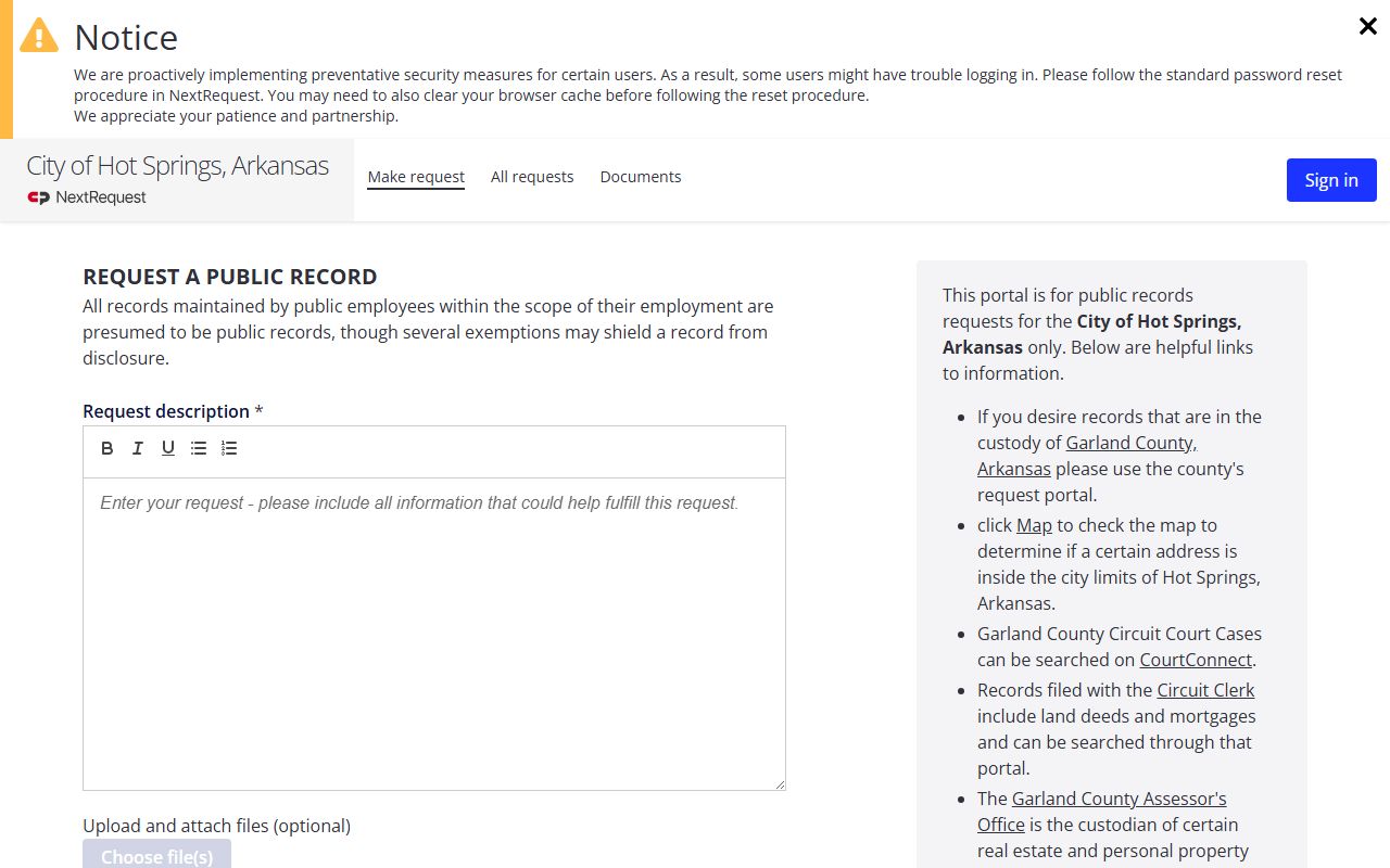 Hot Springs FOIA portal inmate population records request