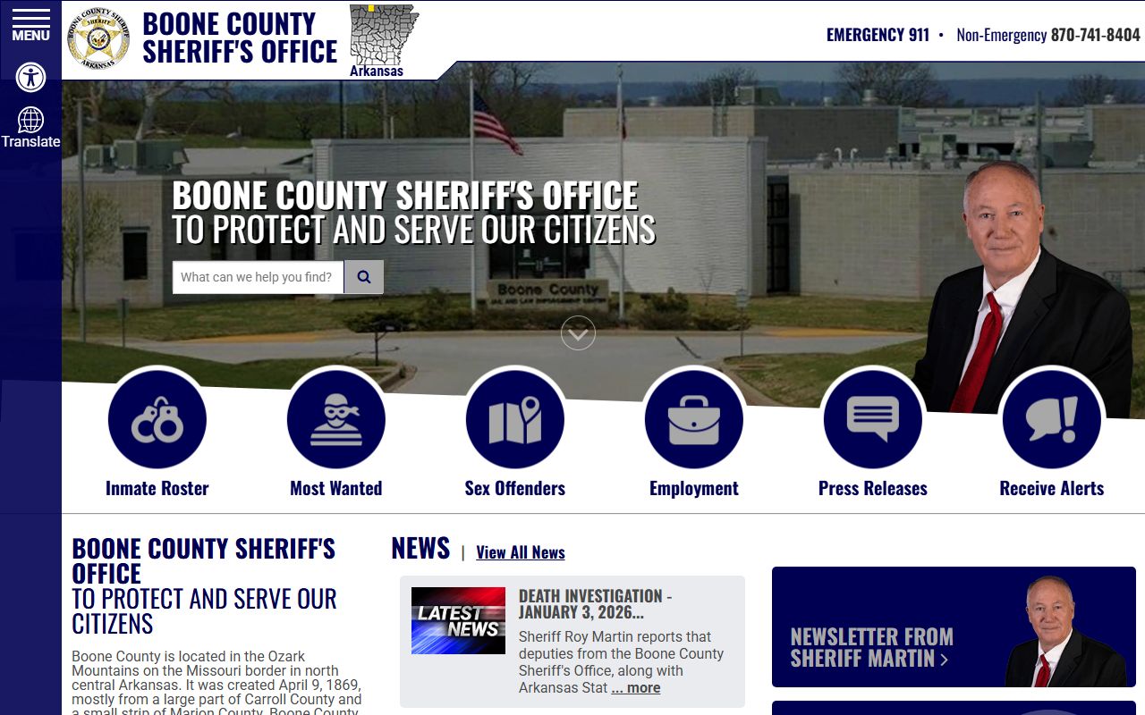Boone County Sheriff Office home page for inmate population data