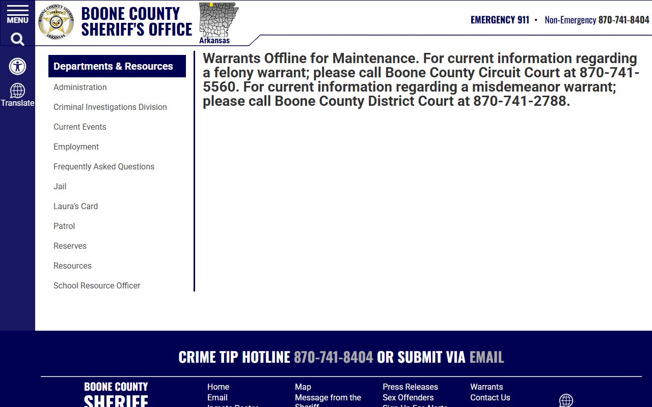Boone County active warrants search page