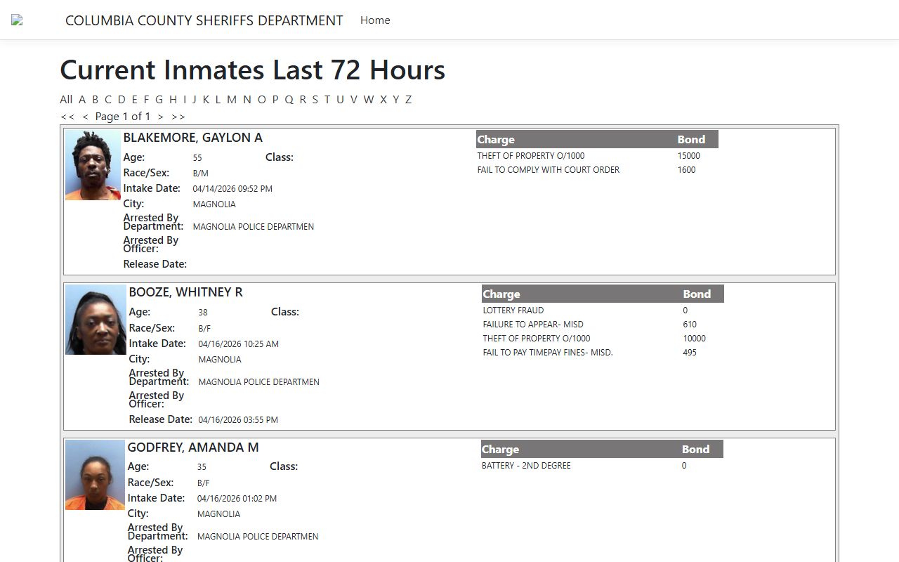 Columbia County 72 hour inmate population roster