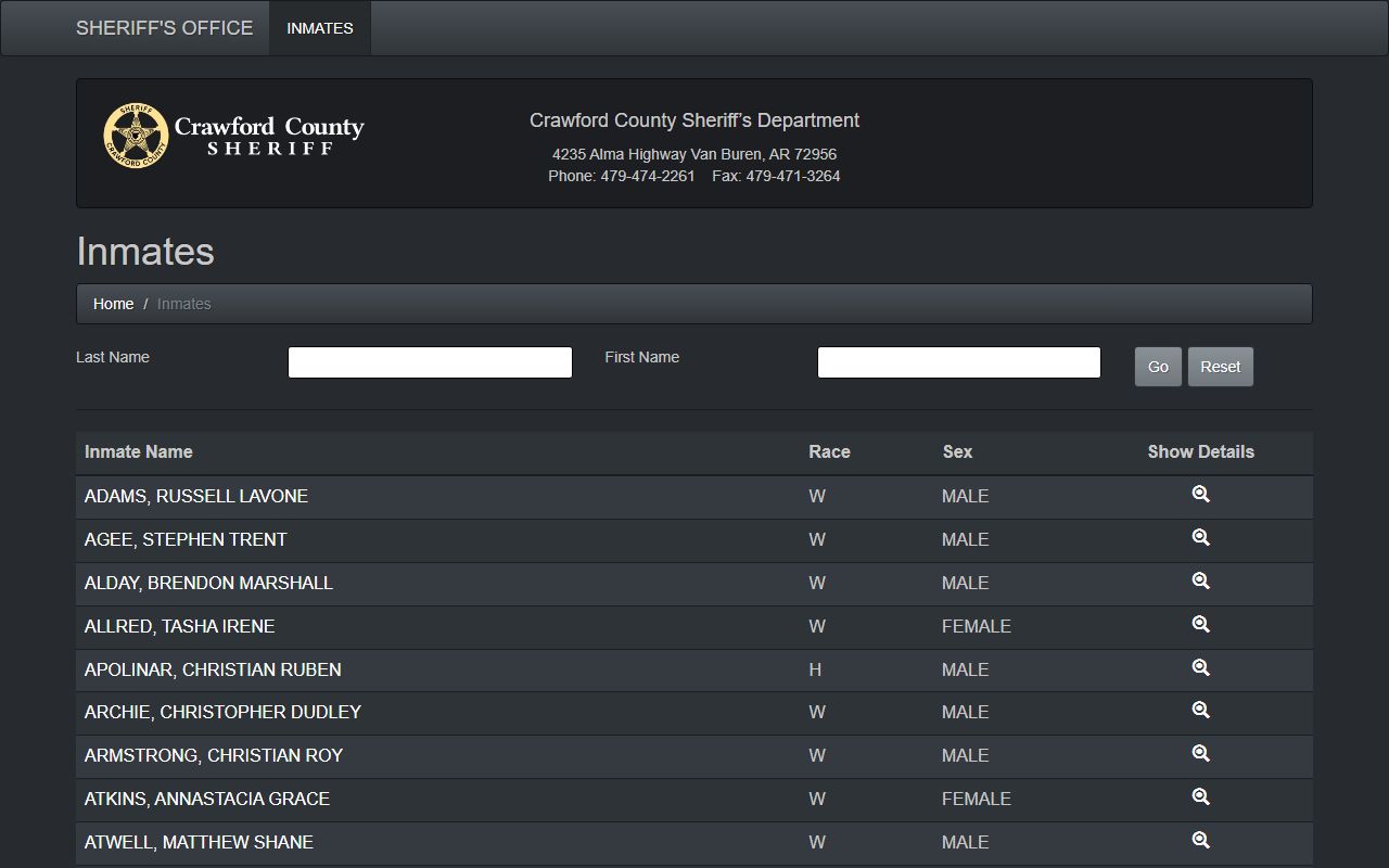 Crawford County inmate population roster online
