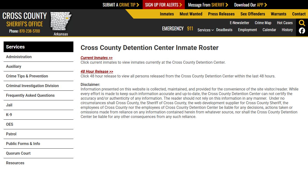 Cross County inmate population roster online