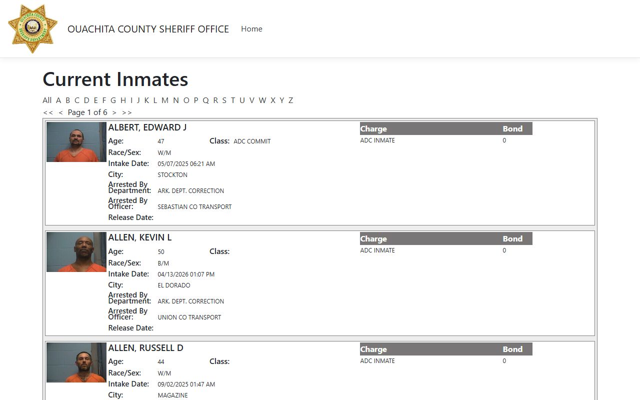 Ouachita County ISOMS portal for current inmate population data