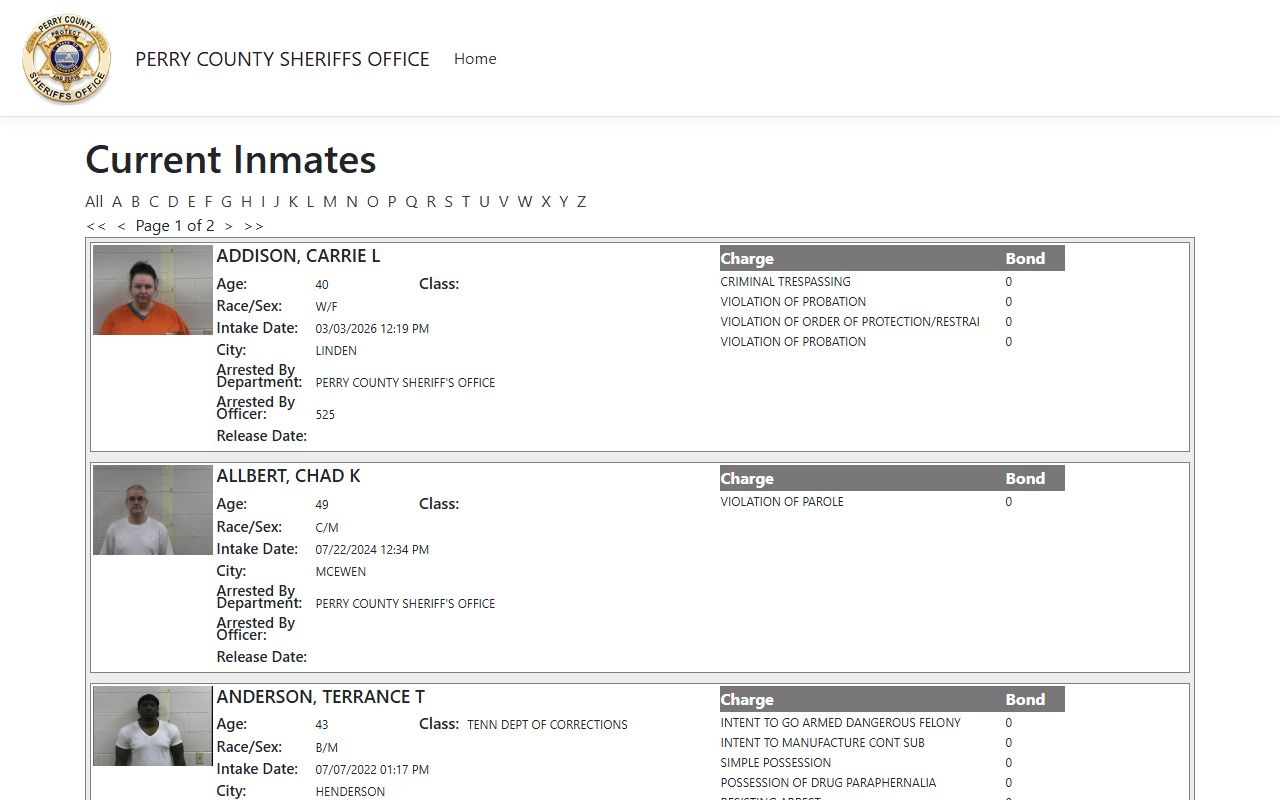 Perry County ISOMS portal for inmate population and charge data