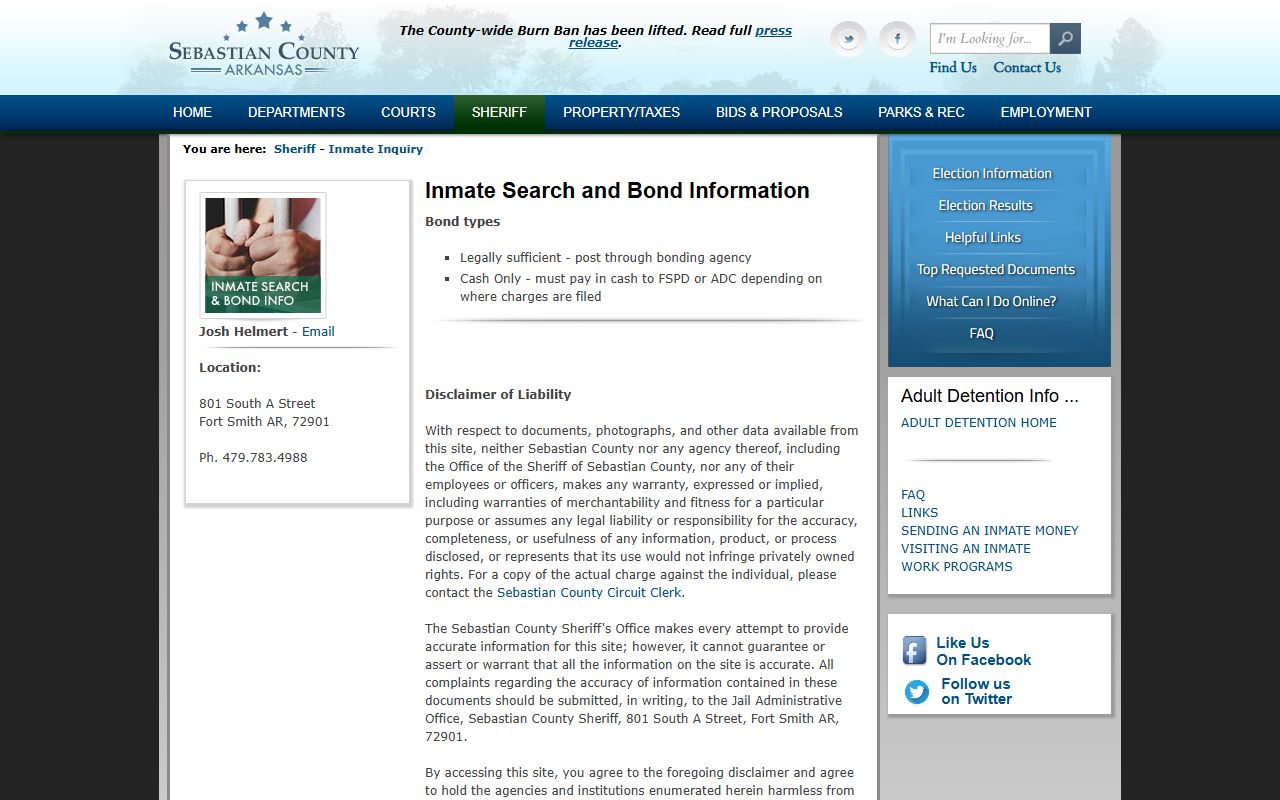 Sebastian County inmate inquiry for Fort Smith inmate population