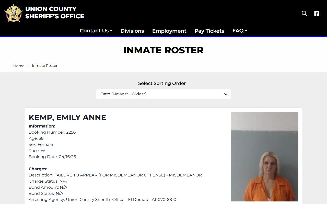Union County inmate population roster listing